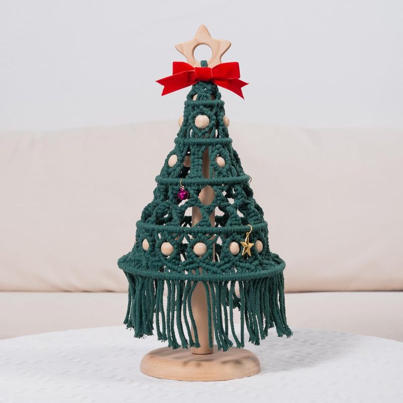 Photo 1 of  Tabletop Mini Christmas Tree, Hand-Woven Handmade Macrame Xmas Tree with Hanging Christmas Decoration Holiday Home Decor Indoor for Farmhouse Kitchen Mantle 