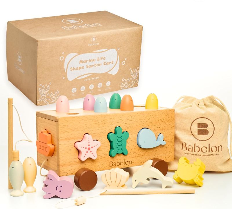 Photo 1 of  Babelon Montessori Wooden Shape Sorter Toys for Toddlers, Fishing Game, Preschool Learning and Educational Toy, Fine Motor Skills with Sea Animal Blocks, Ideal Gift for Baby Boy Girl 2 3 4 5 Year Old 