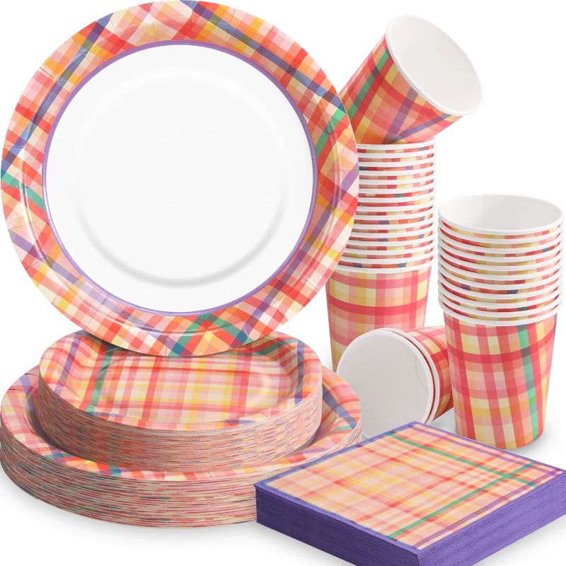 Photo 1 of  200PCS Party Plates and Napkins Party Supplies Pastel Paper Plates Confetti Birthday Party Plates Disposable Dinnerware Set Colored Kid Rainbow Party Decorations Serve 50 Guests 