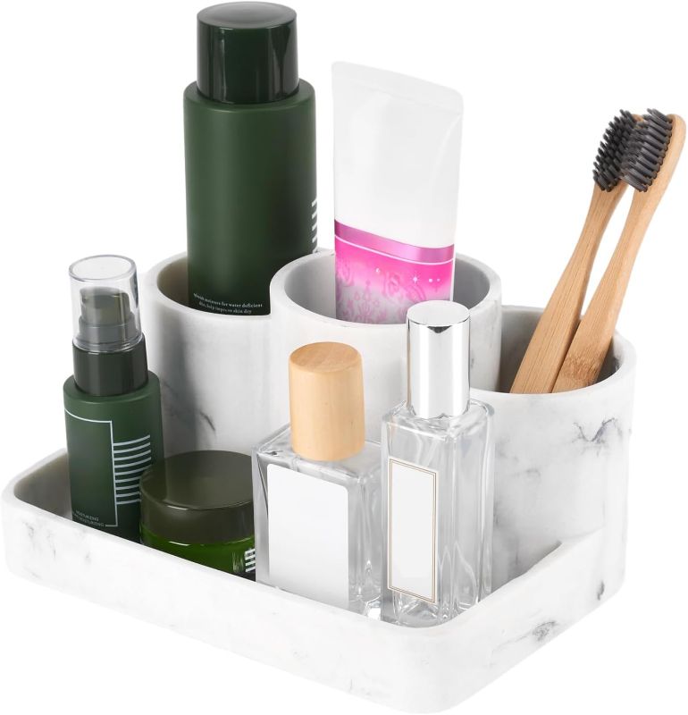 Photo 1 of  3 Slots Organizer with Tray, Resin Bathroom Organizer Countertop, Toothbrush Holders with Anti-Slip Base, Makeup Brush Holder for Razor,Cotton Swab, Floss, Mouthwash 