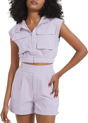 Photo 1 of  Women Summer 2 Piece Outfits Standing Collar Sleeveless Zip Crop Tank Top and High Waisted Shorts, PURPLE, SIZE XL