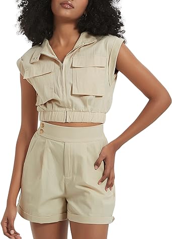 Photo 1 of  Women Summer 2 Piece Outfits Standing Collar Sleeveless Zip Crop Tank Top and High Waisted Shorts, KHAKI, SIZE XL