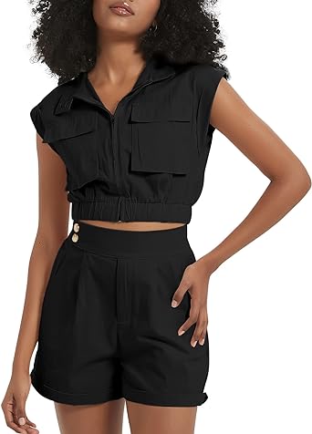 Photo 1 of  Women Summer 2 Piece Outfits Standing Collar Sleeveless Zip Crop Tank Top and High Waisted Shorts, BLACK, SIZE S