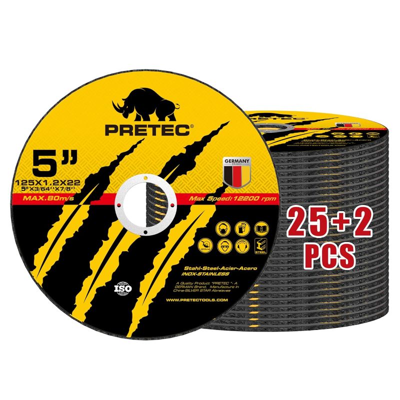 Photo 1 of Cut Off Wheels 5", PRETEC 25+2 Pack Metal Cutting Wheel,Thin 5” Metal & Stainless Steel Fast Cutting Discs for Angle Grinder - 7/8" Arbor Hole, 5” x 1/24" x 7/8"
