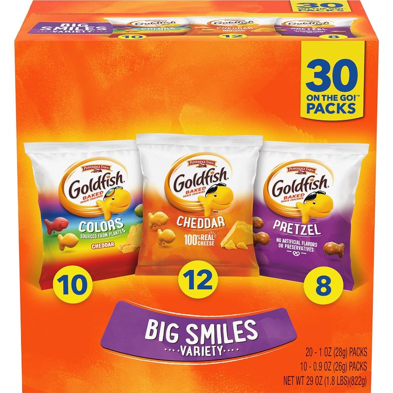 Photo 1 of Goldfish Crackers Big Smiles with Cheddar Colors and Pretzel Crackers Snack Pack 30 CT Variety Pack Box
Best BY: 9/15/24
