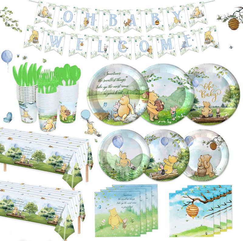 Photo 1 of 231pcs Winnie Bear Baby Shower Decorations Plates Napkins Vintage Bear Cups Knife Fork Spoon Tablecloth Banner Newborn Kids Birthday Party Supplies Disposable Deorations for 30 Guests
