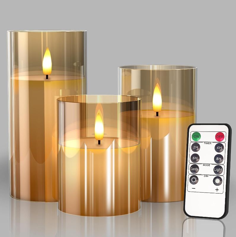 Photo 1 of Glass Battery Operated LED Flameless Candles with Remote and Timer, Real Wax Candles Warm Color Flickering Light for Festival Wedding Home Party Decor(Pack of 3)-Gold
