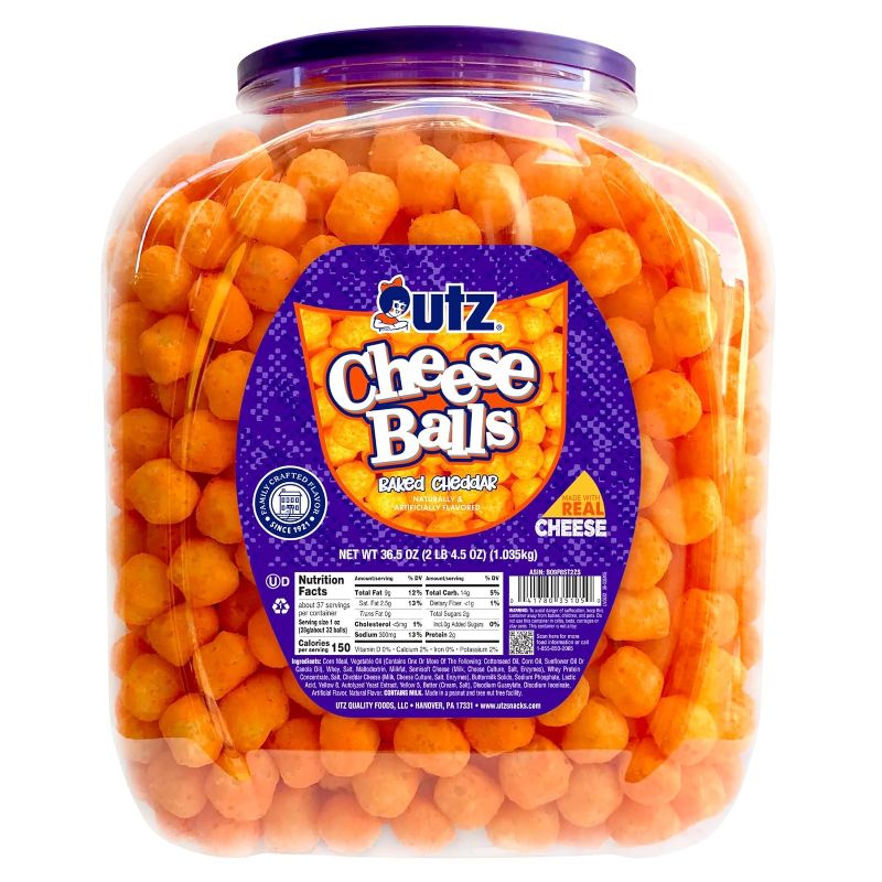 Photo 1 of Utz Cheese Balls Barrel, Tasty Snack Baked with Real Cheddar Cheese, Delightfully Poppable Party Snack, Gluten, Cholesterol and Trans-Fat Free, Kosher Certified, 36.5 Oz
Best By:8/12/24