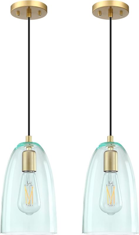Photo 1 of 1 Light Indoor Hanging Kitchen Island Pendant Lights 5.3" Clear Amber Glass Pendant Light Fixtures Gold Finish Modern Farmhouse Dinning Over Sink (Green Glass, 2 Pack)
