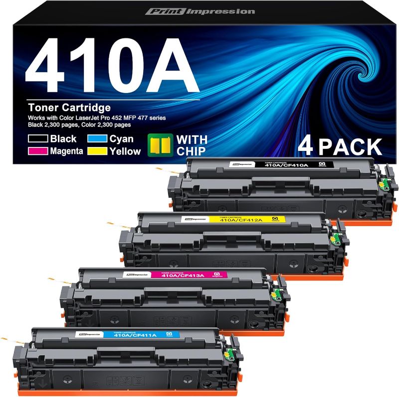 Photo 1 of 410A Toner Cartridge 4 Pack Replacement for HP 410A 410X CF410A CF411A CF412A CF413A for Color Laserjet Pro MFP M477fnw M477fdw M477fdn M452dn M452dw M452nw Printer (Black Cyan Magenta Yellow)
