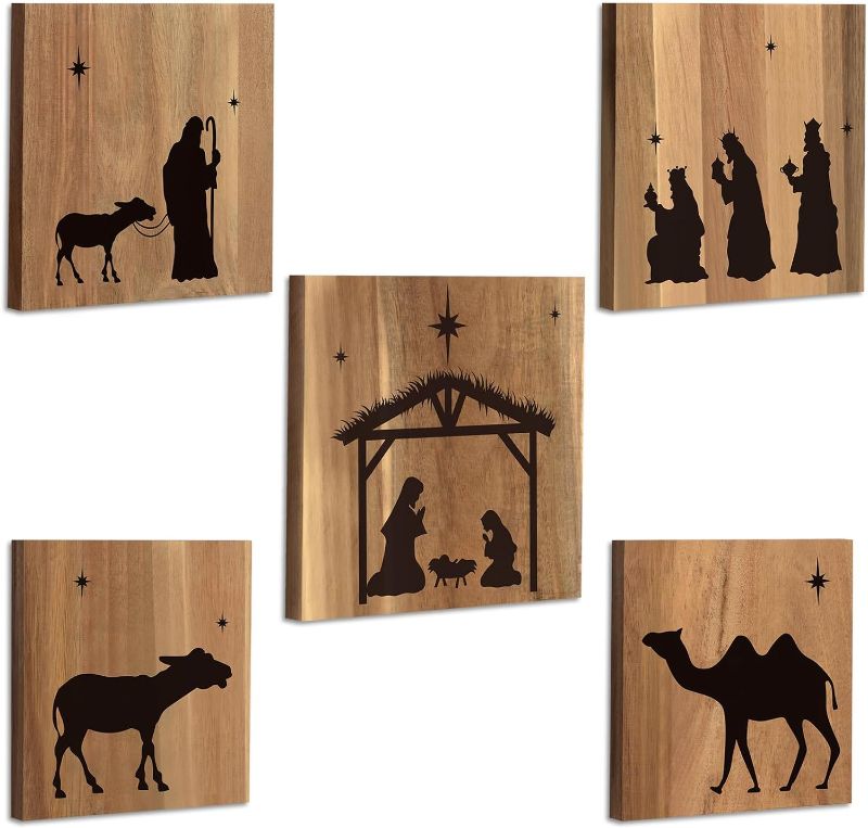 Photo 1 of 5PCS Nativity Scene Wooden Wall Decor, Christmas Rustic Wall Decoration Cabin Wall Decor, Wooden Pictures Christmas Theme Art Sign Cabin Decorative for Living Room Bedroom Bathroom Valentine’s Day

