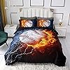 Photo 1 of Cool Sports Ball Quilt/Bedspread Set Queen Size Soft 3D Print White Baseball Comforter Set Black Bedding Set Water and Fire Ice and Flame Comforter with 2 Pillow Sham for Boys Men
