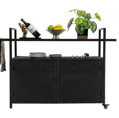 Photo 1 of Outdoor Rolling Black Wicker Patio Serving Bar Cart with Table and Wheels
