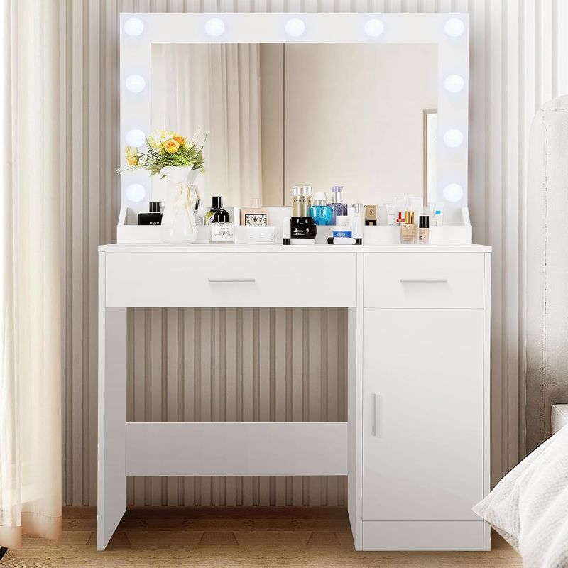 Photo 1 of Likein Makeup Vanity with Charging Station, 36'' White Vanity with Lighted Mirror, Vanity Desk with Mirror and Lights, Modern Dressing Table with Large Drawers & Cabinet for Women Girls Bedroom

