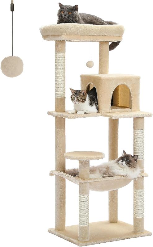 Photo 1 of PETEPELA 56.3'' Tall Cat Tree for Indoor Cats, Multi-Level Cat Tower with Super Large Hammock (20''X16''), Sisal Covered Scratching Posts, Cozy Condo and Top Perch Beige
