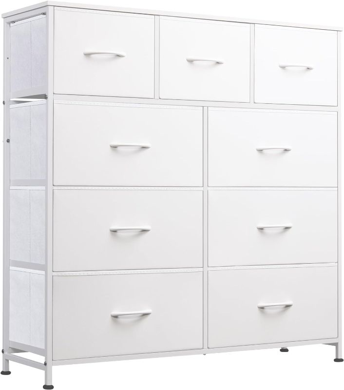 Photo 1 of WLIVE 9-Drawer Dresser, Fabric Storage Tower for Bedroom, Hallway, Closet, Tall Chest Organizer Unit for Bedroom with Fabric Bins, Steel Frame, Wood Top, Easy Pull Handle, White
