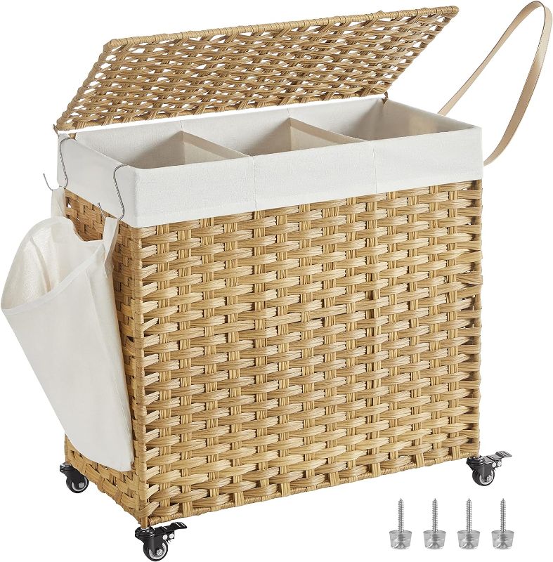 Photo 1 of SONGMICS Laundry Hamper with Lid, 37 Gallon (140L), Rolling Laundry Basket with Wheels, 3-Section Synthetic Rattan Laundry Hamper, Removable Liner, Bedroom, 26x13x26 Inches, Natural ULCB363N01
