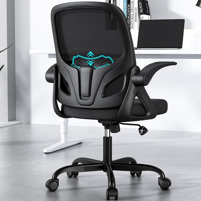 Photo 1 of Office Desk Chair with Lumbar Support Ergonomic Mesh Office Chair with Wheels and Flip-up Armrests Adjustable Height Swivel Computer Chair for Home and Office (Black)
