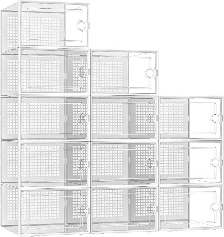 Photo 1 of Kuject X-Large Shoe Storage Boxes Organizers for Closet 12 Pack, Fit Size 11,Clear Plastic Stackable Sneaker Containers for Entryway, Space Saving Shoe Rack,Substitute for Drawer Organize Unit, White
