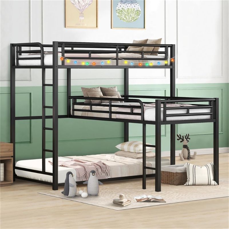 Photo 1 of [SET 1 OF 2 ] Heavy-Duty Triple Bunk Bed, Metal L-Shaped Bunk Bed for 3 Kids Adults with Built-in Ladder and Full-Length Guardrails, No Box Spring Needed & Space Saving Metal Triple Bunk Bed

