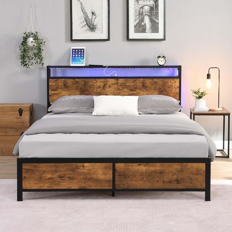 Photo 1 of Industrial Full Bed Frame with LED Lights and 2 USB Ports, Bed Frame Full Size with 2-Tier Storage Wooden Headboard, Noise Free, No Box Spring Needed, Rustic Brown (Full)
