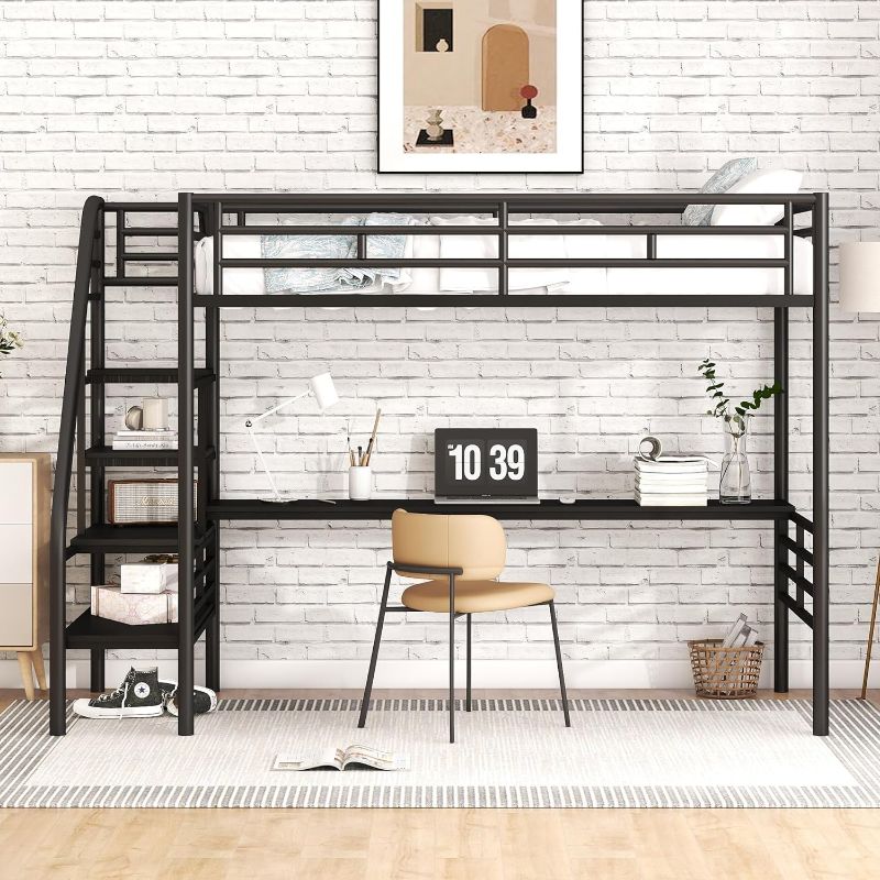 Photo 1 of [Set 1 of 2] Harper & Bright Designs Metal Twin Loft Bed with Desk, Twin Size Loft Bed with Stairs and Workstation Desk for Kids Teens, Space Saving Metal Loft Bed Frame,No Box Spring Needed, Black
