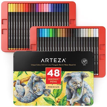 Photo 1 of Arteza Fineliner Colored Pens Set Inkonic Fine Line 0.4mm Tips Assorted Colors - 48 Pack
