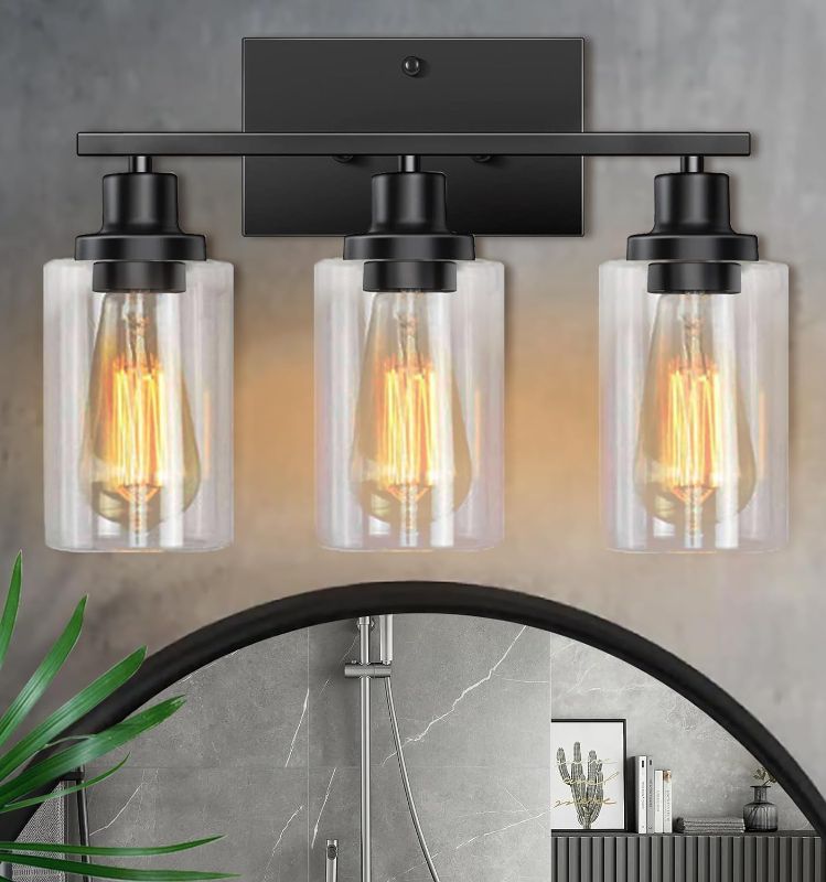 Photo 1 of Bathroom Light Fixtures, 3-Light Bathroom Vanity Light, Matte Black Vanity Light with Clear Glass Shade, Modern Bathroom Lights Over Mirror, Vanity Lighting Fixtures for Bathroom, Living Room, Hallway
