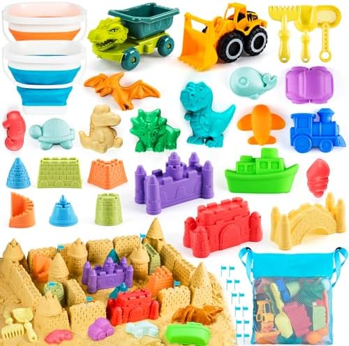 Photo 1 of  OLIKER 42Pcs Beach Toys, Sand Toys, Sandbox Toys with Foldable Beach Buckets,Mesh Bag & Sand Molds for Beach Toys for Kids Ages 4-8 