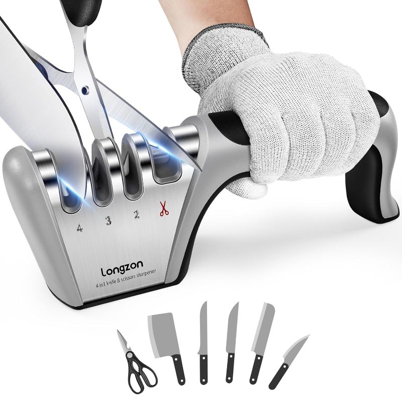 Photo 1 of  4-in-1 Knife Sharpener [4 stage] with a Pair of Cut-Resistant Glove, Original Premium Polish Blades, Best Kitchen Knife Sharpener Really Works for Fruit Knife and Steel Knives, Scissors. 