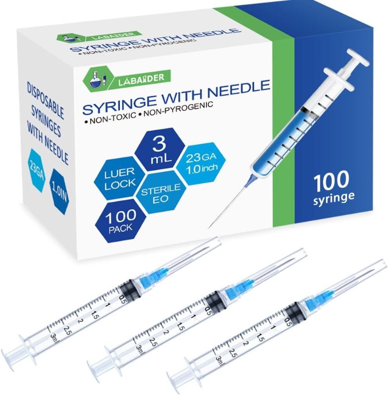 Photo 1 of 100 Pack 3ml Syringes with Needle - 23G, 1.0 inch Needle Luer Lock Syringe Individually Packaged (3ml, 100)
