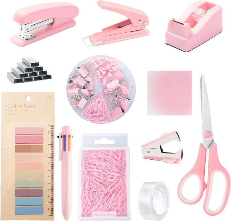 Photo 1 of  Pink Desk Accessories Set 12 Cute Office Supplies Set Include Stapler Set Tape Dispenser Staple Remover Hole Punch Ballpoint Pen Scissor Small Large Jumbo Paper Clips Sticky Notes Index Tabs 