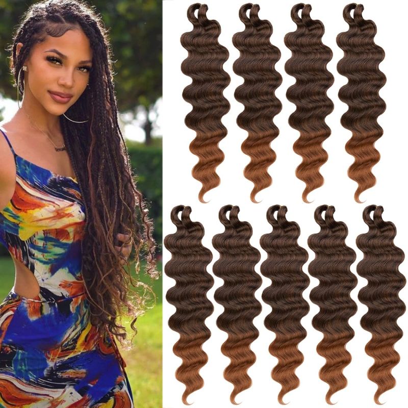 Photo 1 of COOKOO 9 Packs Natural Black Body Wave Braiding Hair 24 Inch Pre-Feathered French Curl Wavy Crochet Braids Synthetic Hair Extensions for Goddess Box Braids, BROWN