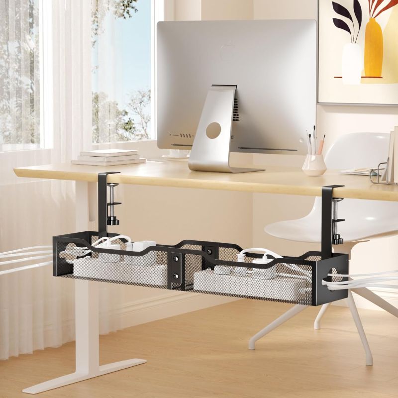 Photo 1 of Punmoy Under Desk Cable Management Tray 25.12", Extra Large Cable Management Under Desk No Drill, Cord Organizer for Desk with Adjustable Clamps, Desk Cable Management for Home Office, Black 