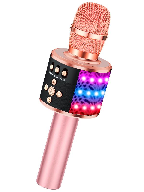 Photo 1 of  BONAOK Wireless Bluetooth Karaoke Microphone Multicolour LED Lights, 4 in 1 Portable Handheld Home Speaker Machine for All Smartphone (Rose Gold) 