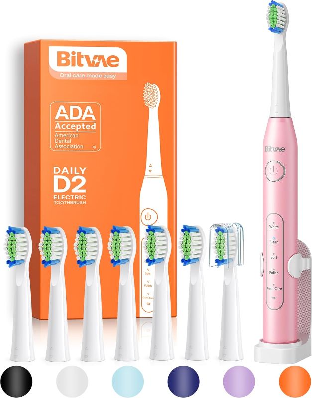 Photo 1 of  Bitvae Ultrasonic Electric Toothbrush - Rechargeable Sonic Electric Toothbrush for Adults and Kids, Power Toothbrush with Holder, 8 Brush Heads, Smart Timer, Fast Charge, Pink D2 