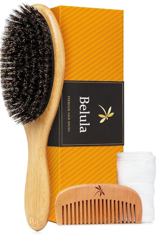 Photo 1 of  Belula 100% Boar Bristle Hair Brush Set (Medium). Soft Natural Bristles for Thin and Fine Hair. Restore Shine And Texture. Wooden Comb, Travel Bag and Spa Headband Included! 