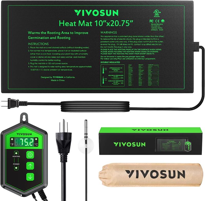 Photo 1 of VIVOSUN 10"x 20.75" Seedling Heat Mat and Digital Thermostat Combo Set, UL & MET-Certified Warm Hydroponic Heating Pad for Germination, Indoor Gardening, Greenhouse

