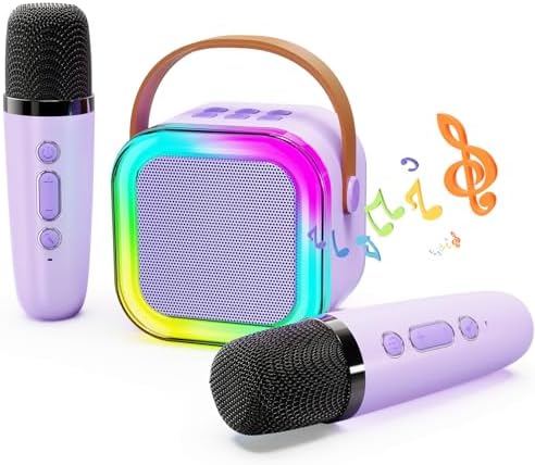 Photo 1 of  Portable Karaoke Machine with 2 Wireless Microphone, Mini Bluetooth Speaker with Microphone,Gifts for Kids Age 4-12,Boys,Girls,Adults,Party, Home KTV,Outdoor,Travel (Purple) 