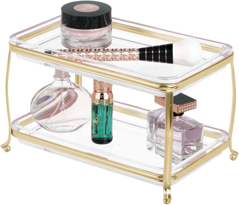 Photo 1 of  mDesign Decorative Makeup Storage Organizer Vanity Tray for Bathroom Counter Tops, 2 Levels to Hold Makeup Brushes, Eyeshadow Palettes, Lipstick, Perfume and Jewelry - Soft Brass/Clear 