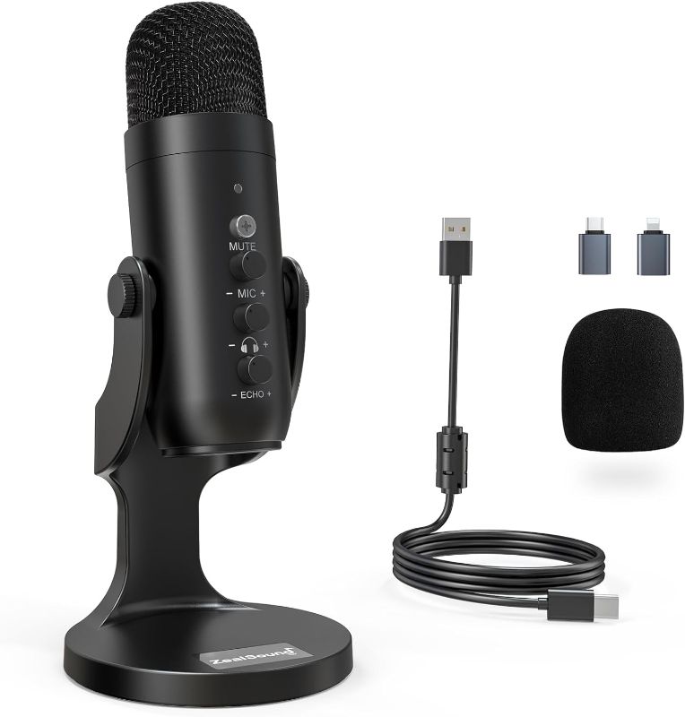 Photo 1 of  ZealSound USB Microphone,Condenser Computer PC Mic,Plug&Play Gaming Microphones for PS 4&5.Headphone Output&Volume Control,Mic Gain Control,Mute Button Vocal,YouTube Podcast on Mac&Windows(Black) 