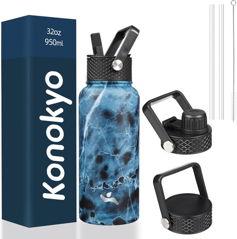 Photo 1 of  Insulated Water Bottle with Straw,32oz 3 Lids Metal Bottles Stainless Steel Water Flask,Marble Ocean 