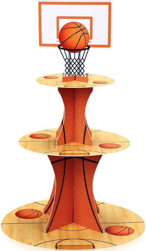 Photo 1 of  Basketball Theme Party Cupcake Stand Decorations, 3 Tier Sports Theme Party Cupcake Tower Baseball Basketball Birthday Party Table Decorations for Teenagers Baseball Basketball Sports (Basketball) 