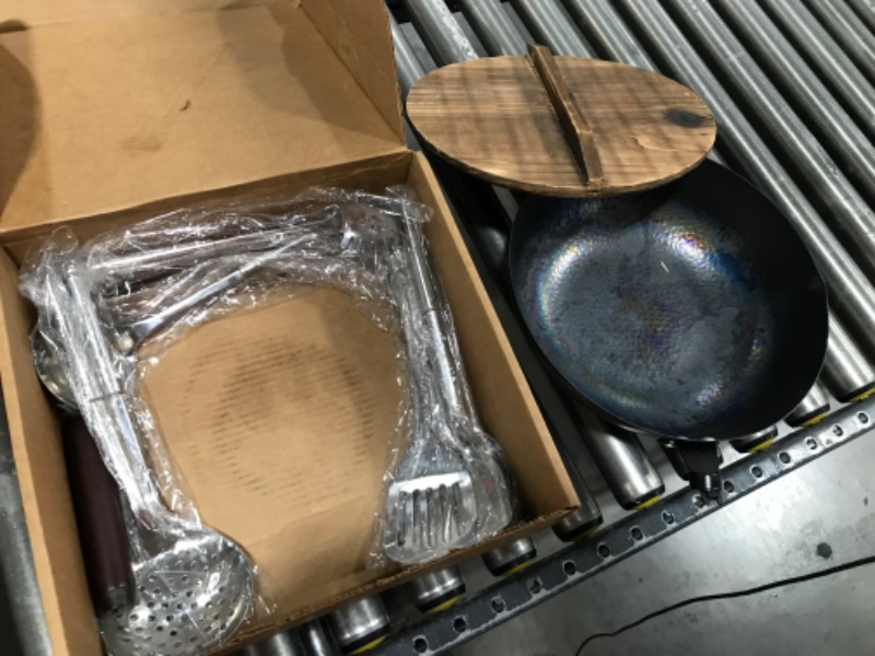 Photo 2 of  12.8" Carbon Steel Wok-11Pcs Woks & Stir Fry Pans Wok Pan with Lid, No Chemical Coated Chinese Wok with 10 Cookware Accessories, Flat Bottom Wok for Electric, Induction,Gas Stoves 