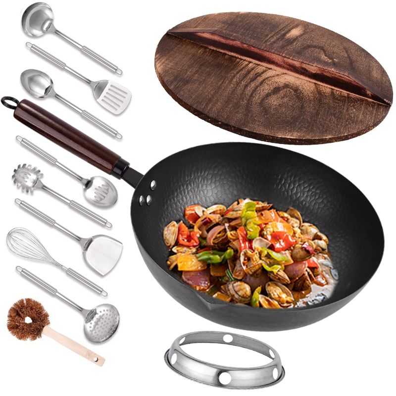 Photo 1 of  12.8" Carbon Steel Wok-11Pcs Woks & Stir Fry Pans Wok Pan with Lid, No Chemical Coated Chinese Wok with 10 Cookware Accessories, Flat Bottom Wok for Electric, Induction,Gas Stoves 