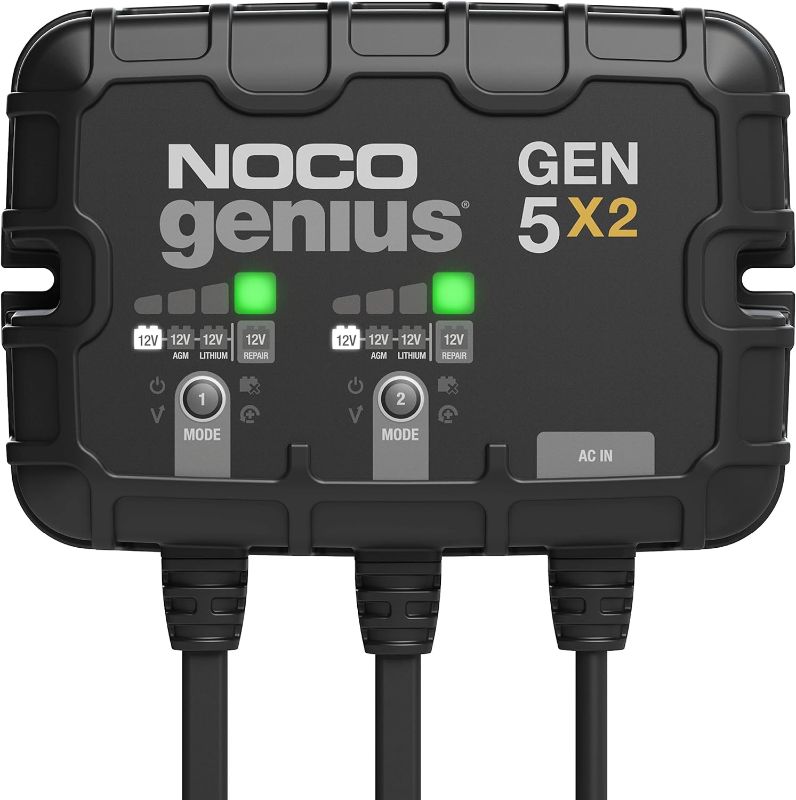 Photo 1 of  NOCO Genius GEN5X2, 2-Bank, 10A (5A/Bank) Smart Marine Battery Charger, 12V Waterproof Onboard Boat Charger, Battery Maintainer and Desulfator for AGM, Lithium (LiFePO4) and Deep-Cycle Batteries 