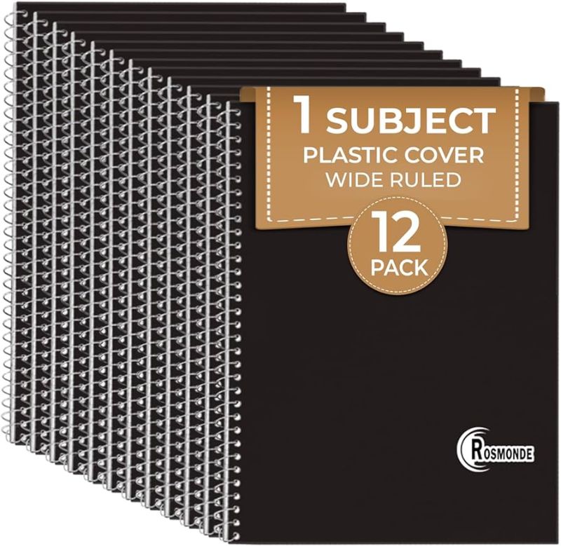 Photo 1 of  1 Subject Spiral Notebook, 12 Pack, Wide Ruled, Water Resistant Cover, Thick 140 Pages/Book (70 Sheets), 8 x 10-1/2, 3 Hole, Bulk School & Office, Black Plastic Cover 