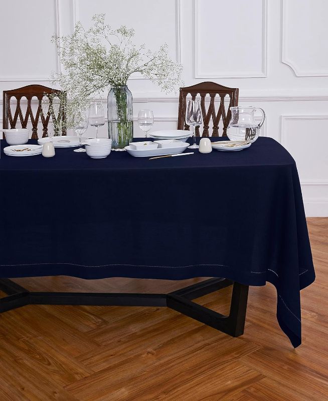 Photo 1 of Solino Home Linen Tablecloth 70 x 108 Inch – 100% Pure Linen Summer Indigo Navy Tablecloth – Prewashed Dining Table Cloth – Sonoma Hemstitch 