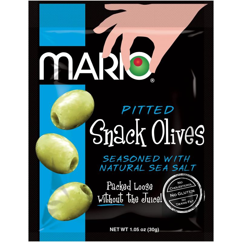 Photo 1 of  Mario Camacho Foods Pitted Snack Olives - Green Olives with Sea Salt - 1.05 oz Pouches (Pack of 12) BEST BY 22 SEPT 2025