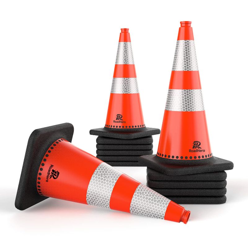 Photo 1 of (12 Pack) Traffic Safety Cones 28 Inch, PVC Cone with Black Weighted Base, Orange Cones with Reflective Collars for Parking Lot, Road Safety, Construction Events
